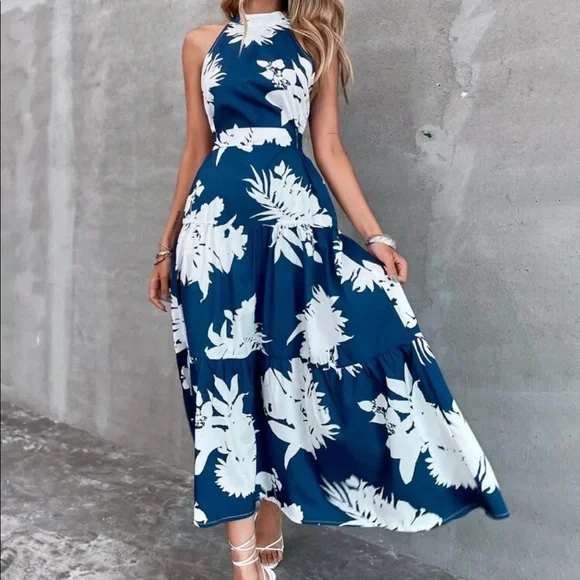 Boho floral plants cutout back ruffle hem dress - Picture 4 of 10